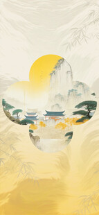 中式山水风飞鸟伴月图景