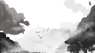水墨山水间飞鸟翱翔
