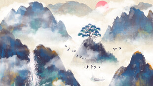 水墨山水间的孤树飞鸟