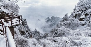 雪覆山峦间的木质栈道