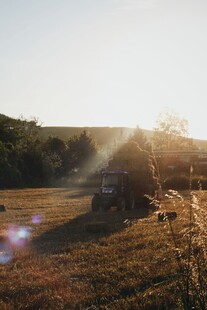夕阳下的田野与农机