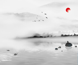 水墨山水间红日飞鸟景