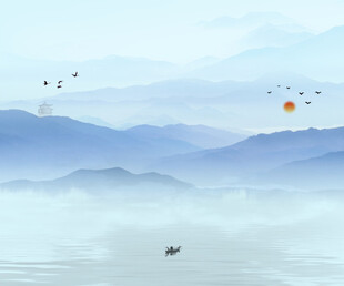 水墨山水孤舟飞鸟图景