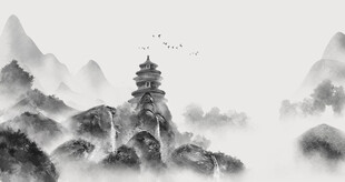 水墨山水间的古塔