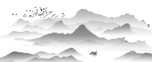 水墨山水间的孤舟飞鸟