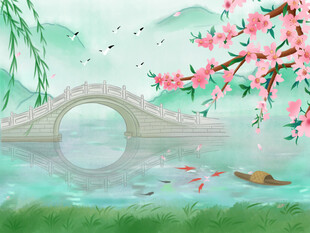 春日湖景拱桥桃花图