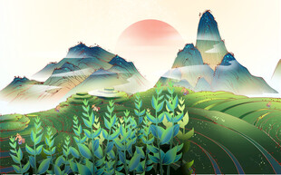 山间晨曦下的葱郁景致