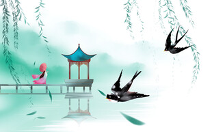 湖畔亭景双燕翩跹