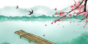 湖畔木栈繁花飞鸟春景
