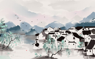 水墨江南乡村美景图