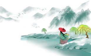水墨山水撑伞泛舟图