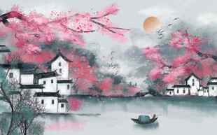 水墨江南粉桃映月水乡景