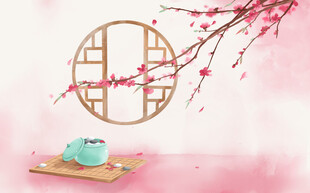 中式茶韵窗前桃花伴茶具