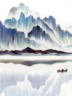 水墨山水间的孤舟泛舟景
