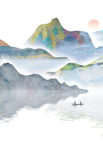 水墨山水间的孤舟远景