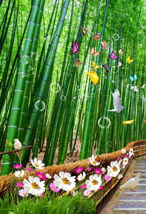 竹林小径繁花飞鸟伴清风