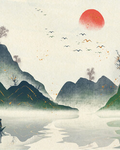 水墨山水间的红日飞鸟
