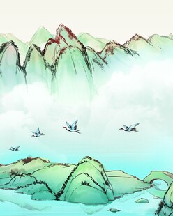 水墨山水间飞鸟伴奇峰