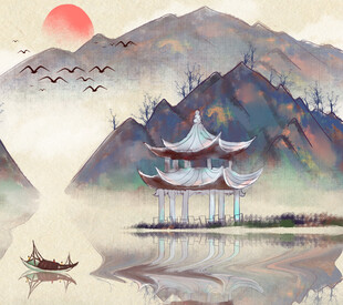 水墨山水间的古韵亭舟