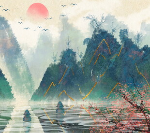 水墨山水间的诗意泛舟景