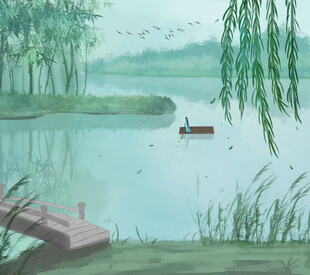 湖畔小船图静谧水乡景