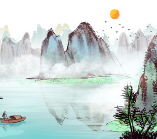 水墨山水间的悠然泛舟景