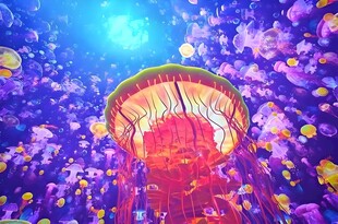 梦幻水母在绚丽水中舞动