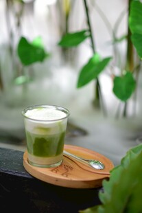 清新抹茶饮品置于绿植间