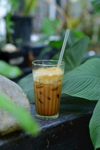 冰咖啡饮品置于绿植间