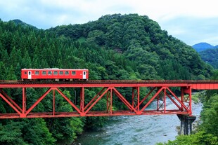 红色列车跨越青山绿水桥