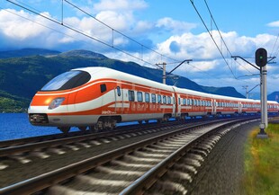 高速行驶的橙白相间列车