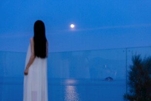 月夜下的白衣女子眺望