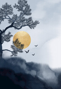 月夜树影飞鸟梦幻景象