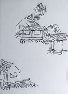 速写乡村房屋线描