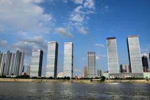 河畔高楼林立的城市景观