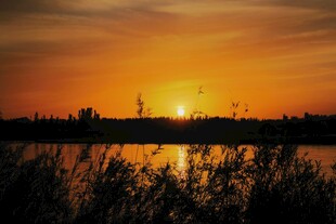 夕阳下的湖畔美景