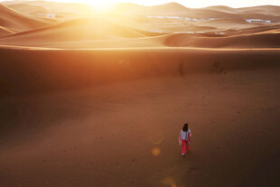 沙漠夕阳下的孤独旅人