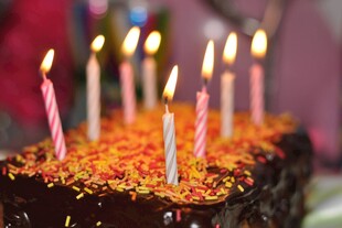 生日蛋糕上点燃的蜡烛