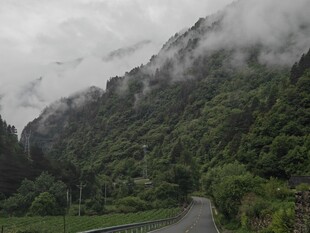 山间云雾缭绕的蜿蜒公路