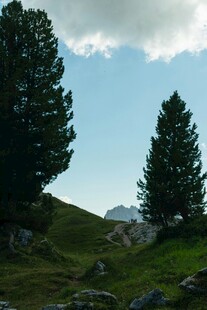 山间绿树蓝天风光图