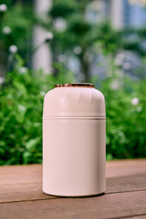 简约白色加湿器置于木桌