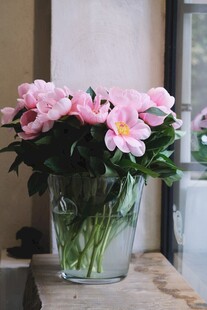 粉色鲜花插于透明花瓶中