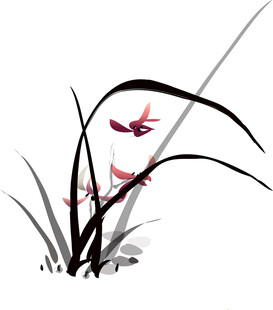 水墨风花草间游弋小鱼