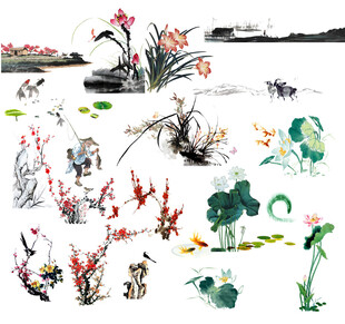 水墨风动植物插画素材