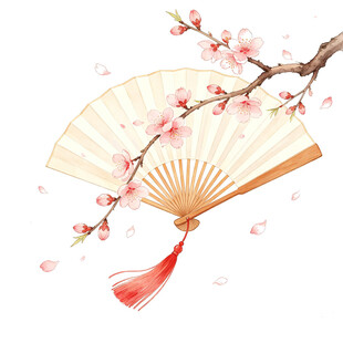 折扇配桃花古韵雅致风