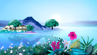 梦幻湖畔花草山水美景