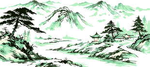松间山水图国画矢量图