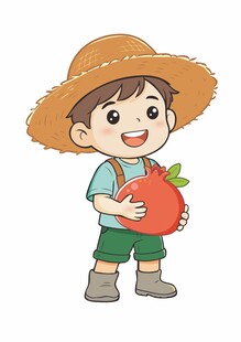 戴草帽抱石榴的小男孩