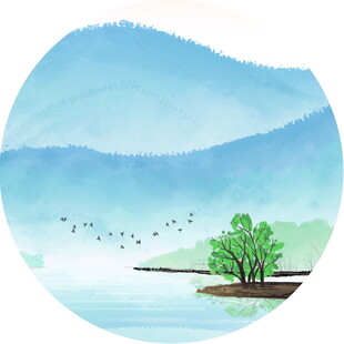 山水间飞鸟绕绿树图景