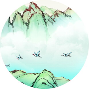 水墨山水间飞鸟翱翔